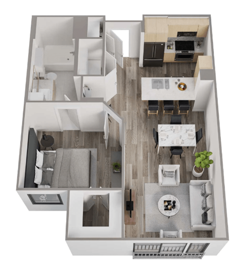 a 3d floor plan of a house with a bedroom and a living room